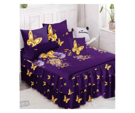 Фин сатенено бельо с волани, 6 части, 2-местно легло, златни пеперуди, FNVC-112