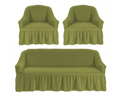 Комплект ластик и креп калъфи - 3-местен диван + 2 фотьойла - зелен