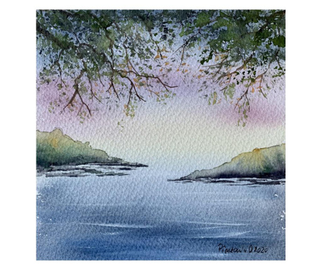 Pictura in acuarela Apus pe lac – tablou pictat manual, dimensiune 20x20 cm