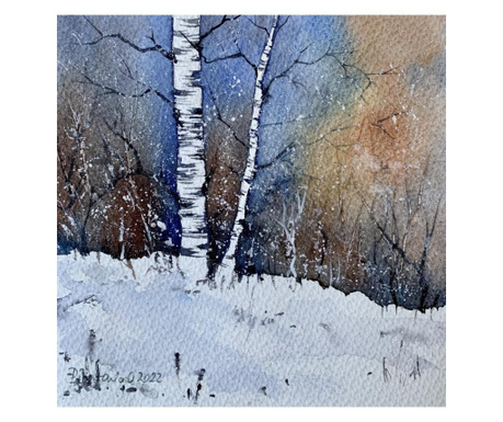 Pictura in acuarela Iarna, prima zapada – tablou pictat manual, dimensiune 20x20 cm