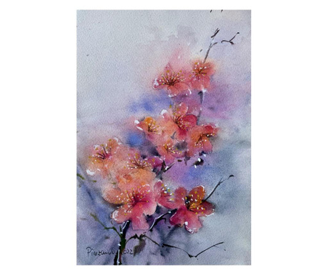 Pictura in acuarela Flori oranj – tablou pictat manual, dimensiune 19x28 cm