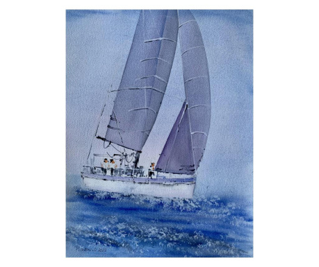 Pictura in acuarela Regata in largul marii – tablou pictat manual, dimensiune 28x38 cm