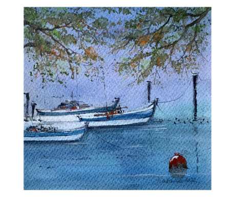 Pictura in acuarela Barci de pescari – tablou pictat manual, dimensiune 20x20 cm