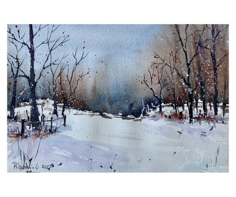 Pictura in acuarela Winter joy – tablou pictat manual, dimensiune 19x28 cm