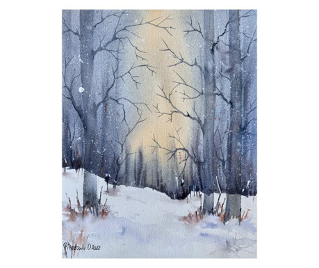Pictura in acuarela Zi de iarna – tablou pictat manual, dimensiune 24x30 cm
