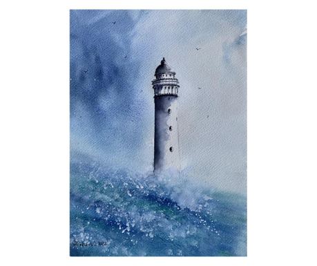 Pictura in acuarela Far la malul marii – tablou pictat manual, dimensiune 28x38 cm