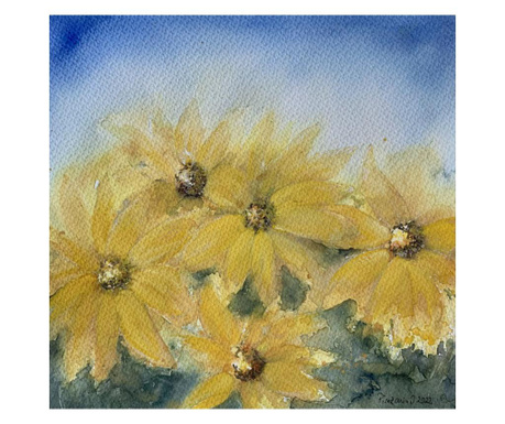 Pictura in acuarela Floarea soarelui – tablou pictat manual, dimensiune 30x30 cm