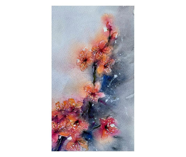 Pictura in acuarela Flori rosii – tablou pictat manual, dimensiune 19x28 cm