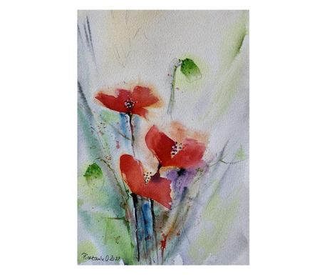 Pictura in acuarela Flori de maci – tablou pictat manual, dimensiune 19x28 cm