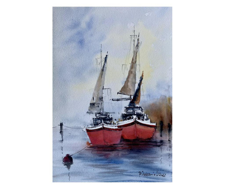 Pictura in acuarela Barci acostate – tablou pictat manual, dimensiune 19x28 cm
