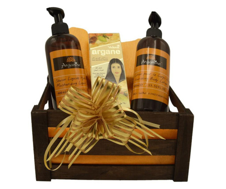 Set cadou cutie de lemn, produse cosmetice azbane cu ulei de argan, sapun lichid 400 ml, lotiune de corp 400 ml, ulei par/piele