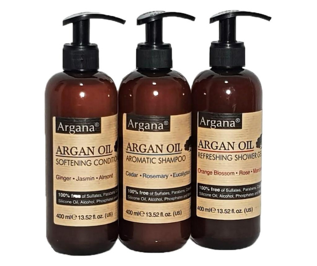 Set cadou rustic argan (sampon argana 400 ml +balsam par argana 400 ml +gel de dus argana 400 ml)