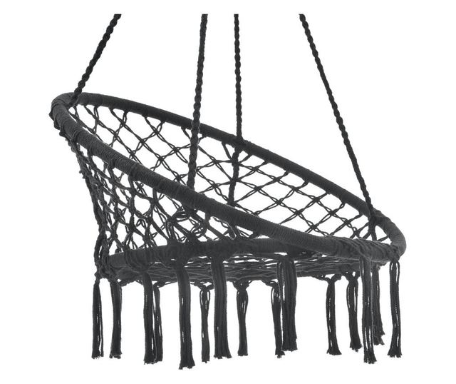 Függőszék tampico 150 kg-ig függőfotel rojtokkal 140 cm kültéri/beltéri pamut+acél fekete [casa.pro]