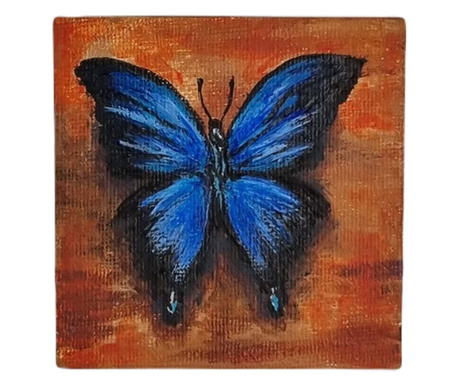 Pictura pe suport de lemn, Fluture albastru, 7.5x7.5 cm