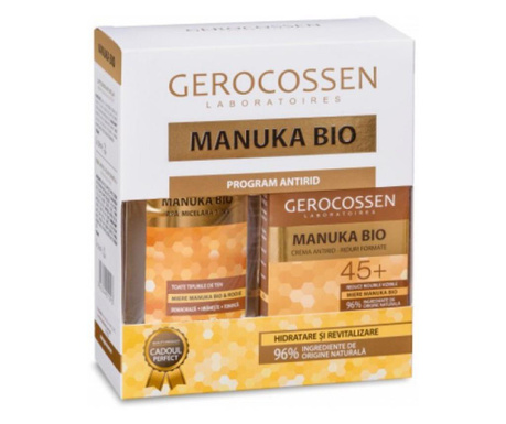 Caseta cadou Manuka Bio - crema antirid, riduri formate 45+ si apa micelara  25x25 cm