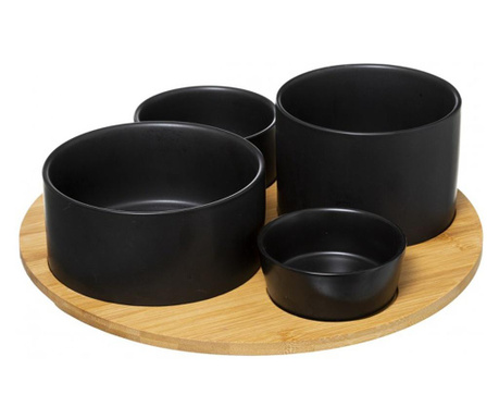 Set servire aperitv Black Dom, ceramica, bambus, 5 piese, 33x10 cm