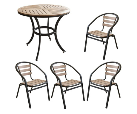 RAKI set terasa masa rotunda, polywood natural, 80x72cm, cu 4 scaune : 77x40x37cm