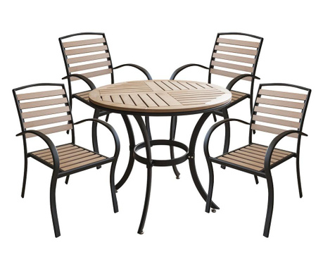 RAKI set terasa masa rotunda, polywood natural, 80x72cm, cu 4 scaune: 86x40x45cm