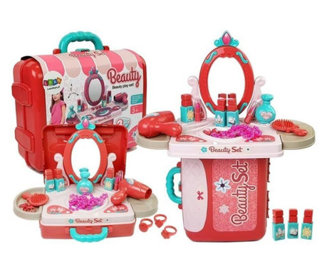 Set de frumuseste cu accesorii, masa de toaleta pentru fetite intr-o servieta rosie, LeanToys, 7374