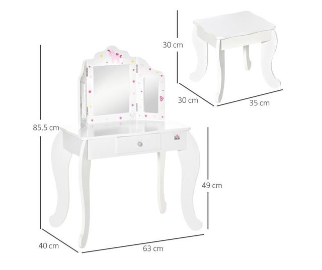 Homcom Детска тоалетка с дървена табуретка, маса за гримиране с тристранно огледало и чекмедже