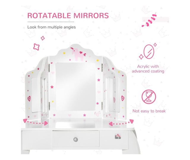 Homcom Детска тоалетка с дървена табуретка, маса за гримиране с тристранно огледало и чекмедже