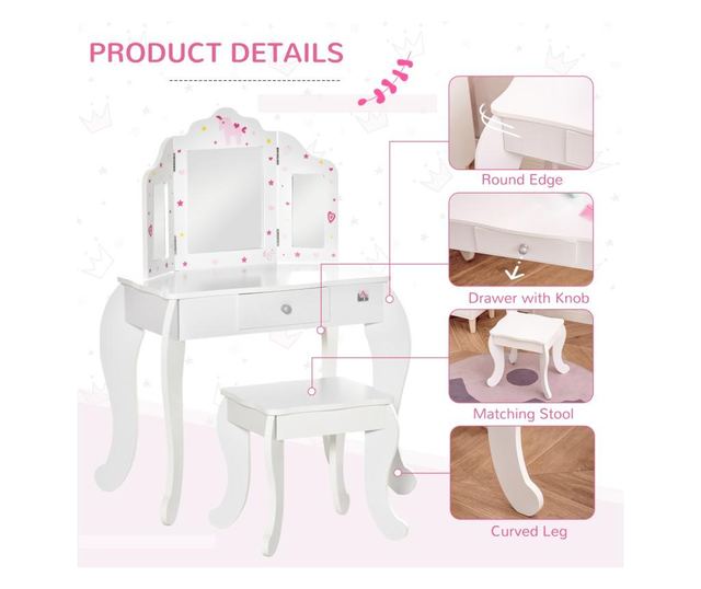 Homcom Детска тоалетка с дървена табуретка, маса за гримиране с тристранно огледало и чекмедже