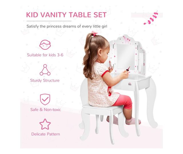 Homcom Детска тоалетка с дървена табуретка, маса за гримиране с тристранно огледало и чекмедже