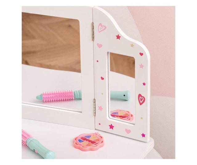 Homcom Детска тоалетка с дървена табуретка, маса за гримиране с тристранно огледало и чекмедже
