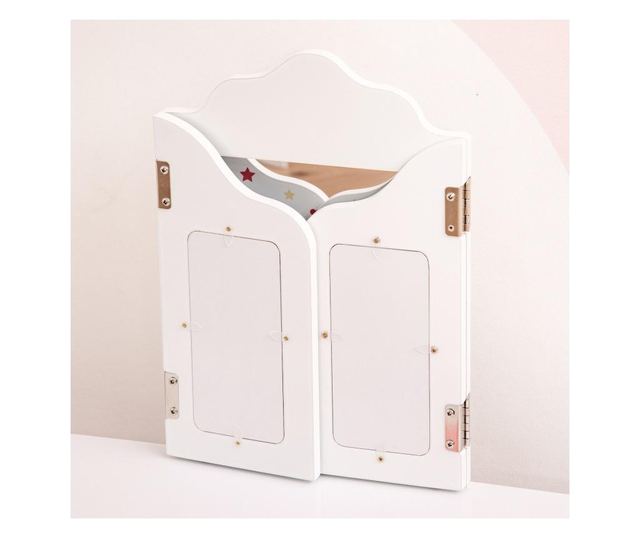 Homcom Детска тоалетка с дървена табуретка, маса за гримиране с тристранно огледало и чекмедже