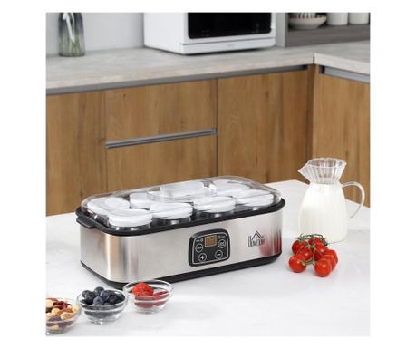 HOMCOM Masina electrica pentru iaurt 30W cu 8 recipiente incluse, cronometru 1-48 Ore si temperatura reglabila 20-55°C, 36x18.8x