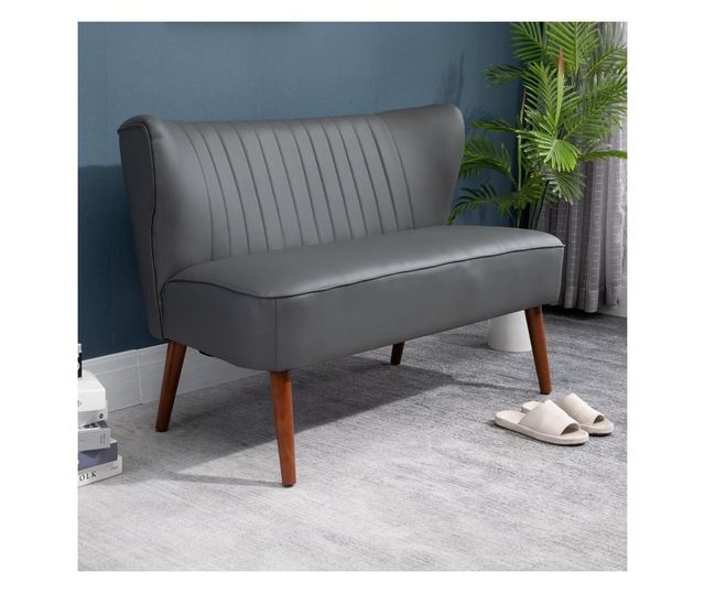 Homcom Canapea cu 2 locuri Cadru din Lemn si Tapiterie din Piele Sintetica pentru Casa Birou Living, Gri 108.5x61x79cm HOMCOM