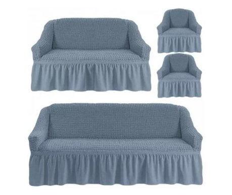 Еластични и крепови калъфи с волани, 3-местен диван, 2-членен + 2 фотьойла, сив