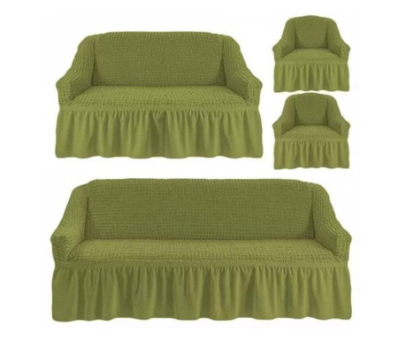Еластични и крепови калъфи с волани, 3-местен диван, 2-членен + 2 фотьойла, зелен
