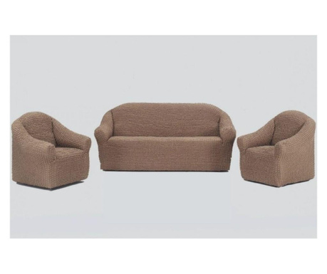 Еластични и креп калъфи без волани, 3-местен диван + 2 фотьойла, бежово какао с мляко