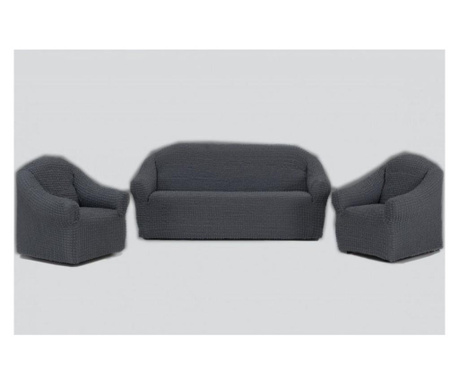 Еластични и креп калъфи без волани, 3-местен диван + 2 фотьойла, сив
