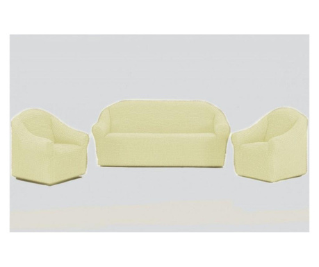 Еластични и креп калъфи без волани, 3-местен диван + 2 фотьойла, крем