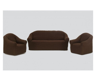 Еластични и креп калъфи без волани, 3-местен диван + 2 фотьойла, кафяв