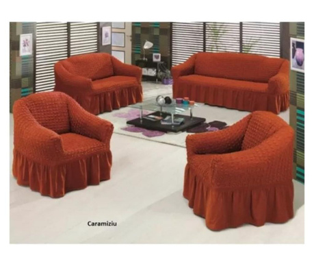 Еластични и крепови калъфи с волани, 3-местен диван, 2-членен + 2 фотьойла, тухла