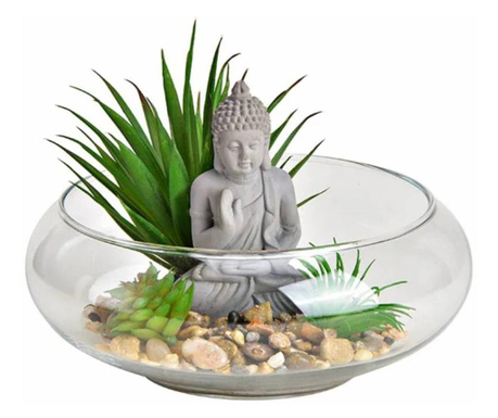 Figurina Buddha in bol de sticla cu plante artificiale 20 cm  13x20x20 cm