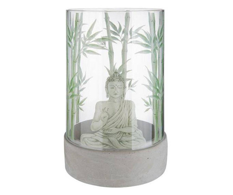 Suport lumanare, model bambus si Buddha, sticla, 25 cm  25,5 cm