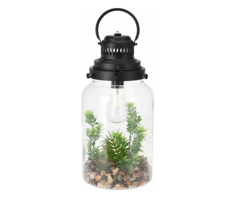 Aranjament cu plante artificiale in felinar de sticla cu LED 34 cm  16x16x34 cm