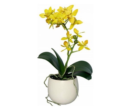 Orhidee artificiala Phalaenopsis galbena cu aspect 100% natural in vas ceramic, 34 cm  34 cm