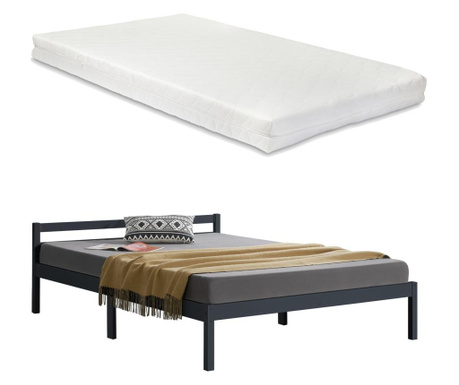Ágykeret nakkila ágyráccsal és matraccal fenyőfa 140x200 cm duplaágy egyszerű faágy fejtámlával matt sötétszürke [en.casa]