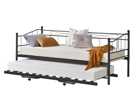 Fémkeretes ágy skutskär 4 kitámasztható görgőkkel 211,5 x 95 x 95 cm acél 150 kg/100 kg fekete matt stabil heverő kihúzható fek