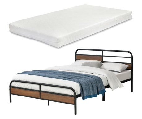 Fémkeretes ágy aarau 140 x 200 cm szinterezett acél, 300 kg fekete ágyráccsal 2 személyes hideghabos matraccal [en.casa]