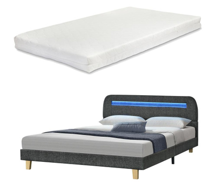 Kárpitozott ágy roskilde led világítással és matraccal 200 x 140 cm len bútorszövet sötétszürke [en.casa]