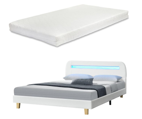 Kárpitozott ágy roskilde led világítással és matraccal 200 x 140 cm műbőr fehér [en.casa]