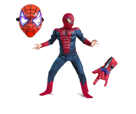 Комплект костюми за мускули Спайдърмен, на 3-5 години, ръкавица с стартер и червена LED пластмасова маска
