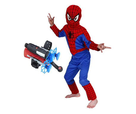 Pókember jelmez, M méret, 110-120 cm-es gyermekre, 1db tapadókorongos nyíl kilövővel