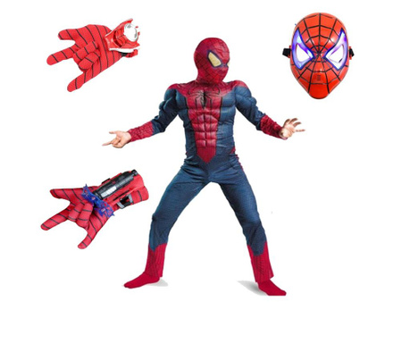 Set costum Spiderman cu muschi, pentru 3-5 ani, 2 lansatoare si masca plastic LED, rosu
